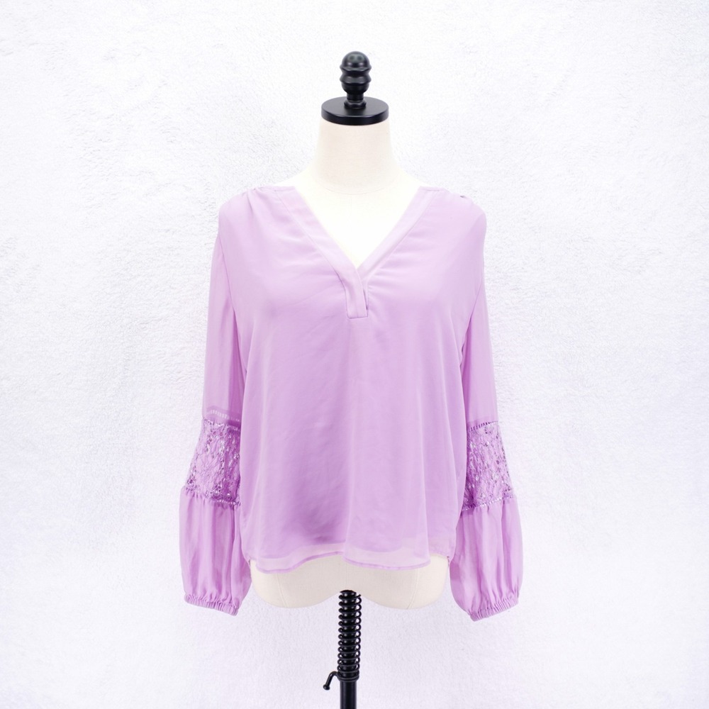 White House Black Market -Small- Lace Pink Split Neck Bishop Sleeve Lined Blouse
